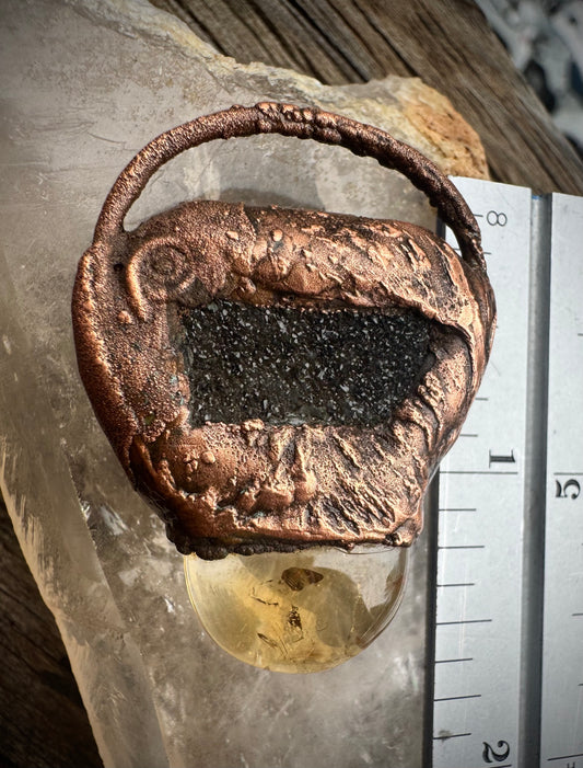 Black Drusy | Citrine | Electroformed Pendant