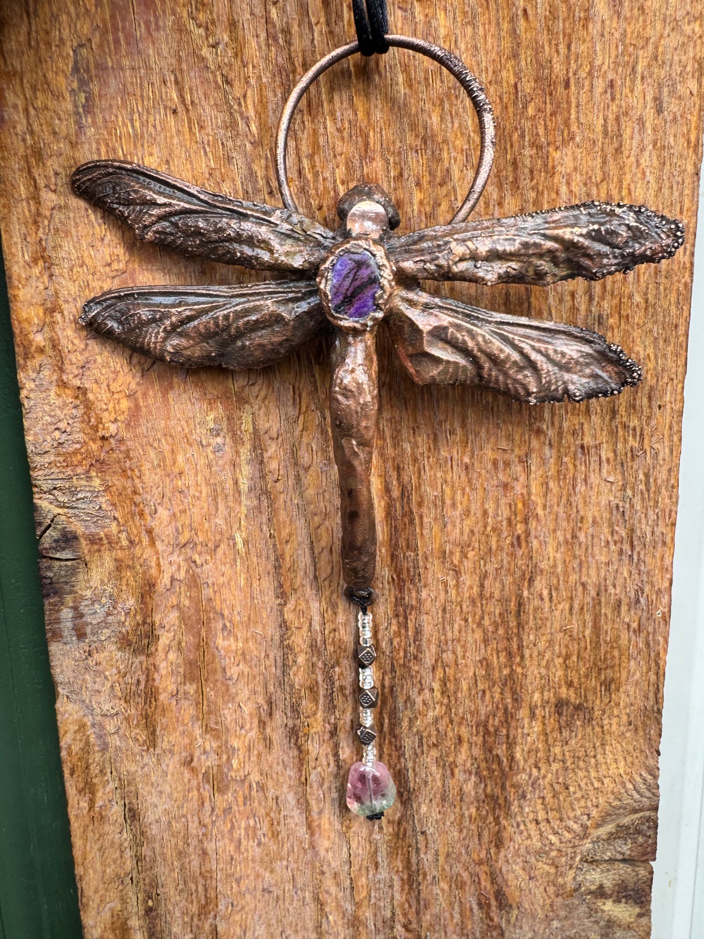 Real Dragonfly | Wall Hanging | Moonstone, Sugilite & Watermelon Tourmaline| Copper Electroformed