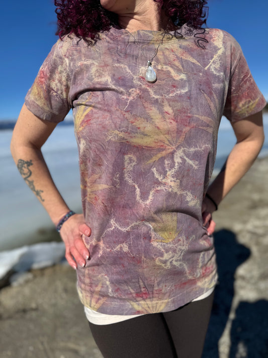 Hemp leaves, Usnea, Logwood,  Sappenwood | Eco-printed | Fair Trade  | Organic T-Shirt. | Unisex |Size Small