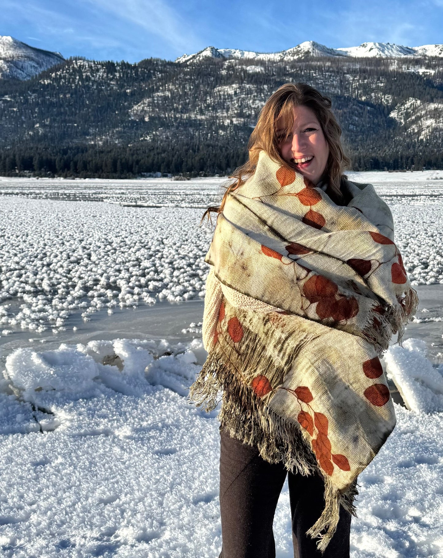 Handwoven Alpaca Shawl – Eucalyptus Eco-Print | Fair Trade Botanical Wrap #1