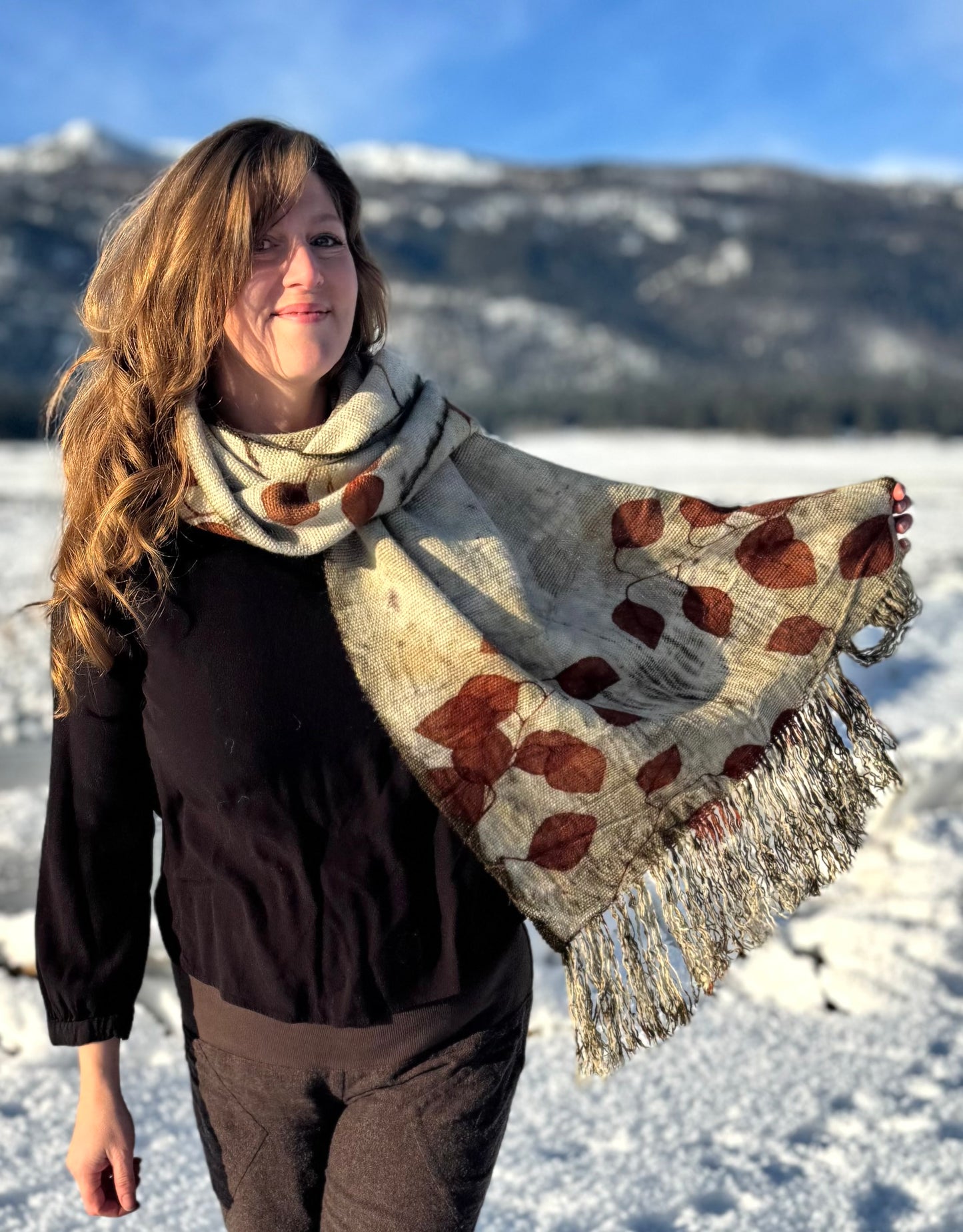 Handwoven Alpaca Shawl – Eucalyptus Eco-Print | Fair Trade Botanical Wrap #1