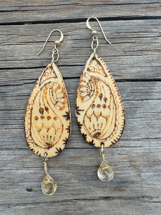 Self Love | Citrine |Wood-Burned Earrings