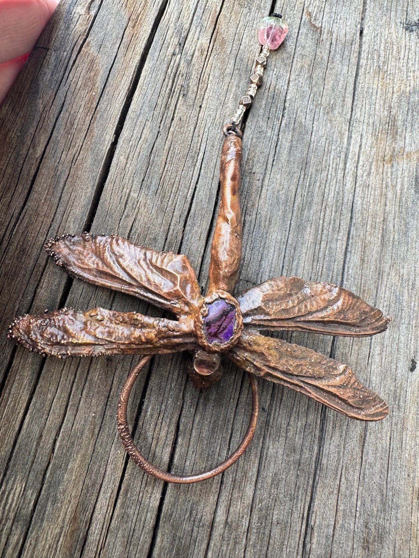 Real Dragonfly | Wall Hanging | Moonstone, Sugilite & Watermelon Tourmaline| Copper Electroformed