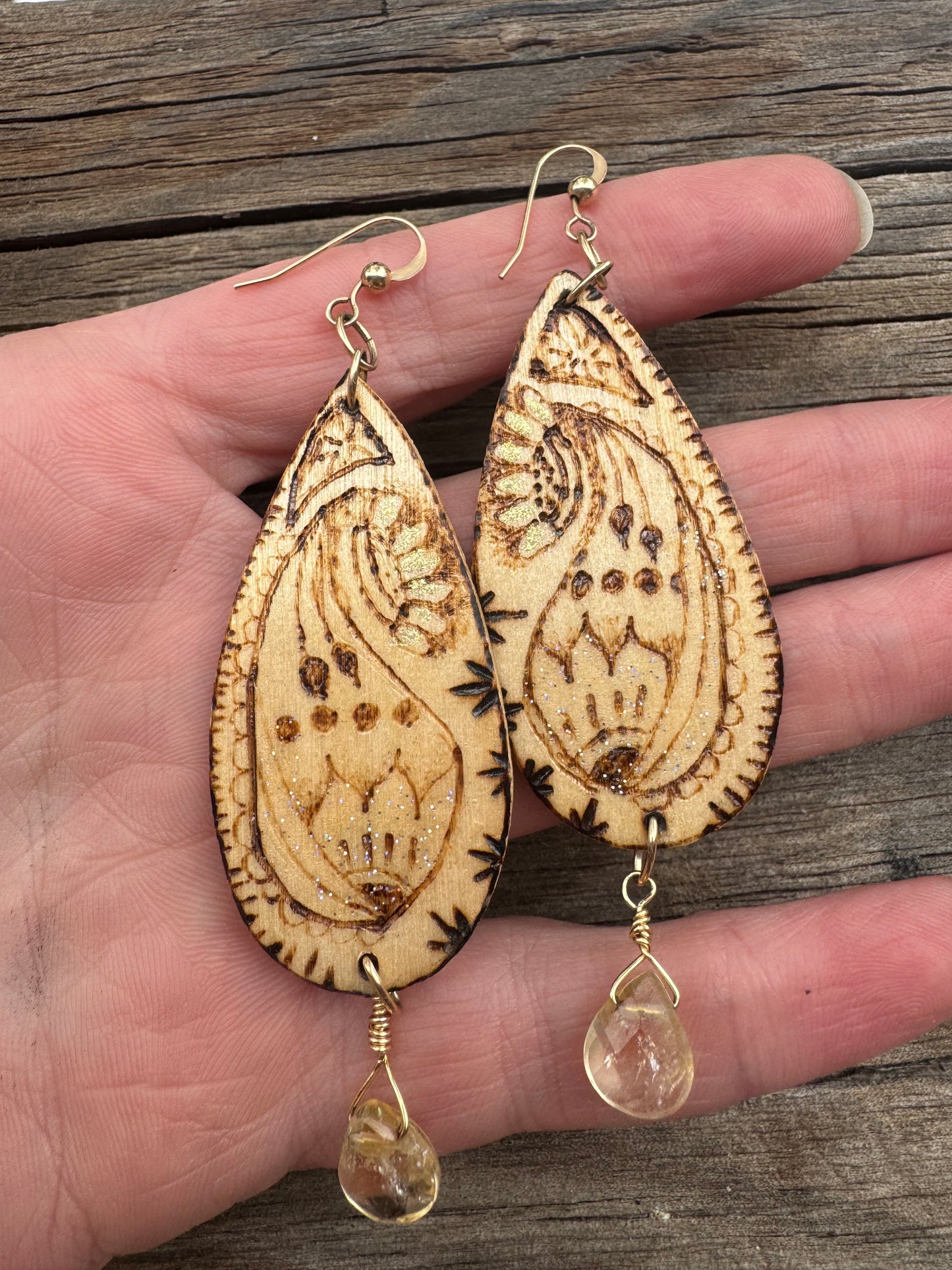 Self Love | Citrine |Wood-Burned Earrings