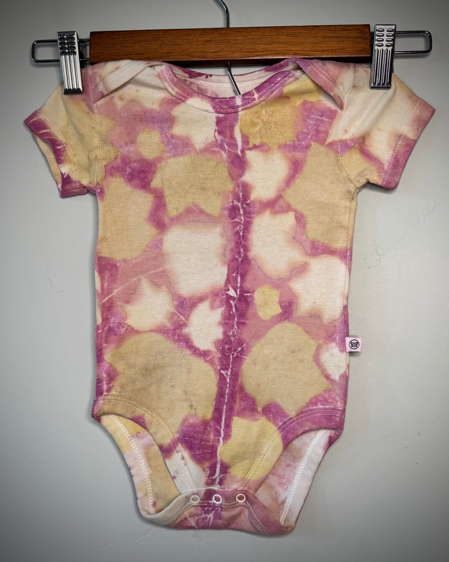 Cochineal | Tulip Tree Leaves | Eco-printed | 6-9 Month Onesie |100% Organic cotton