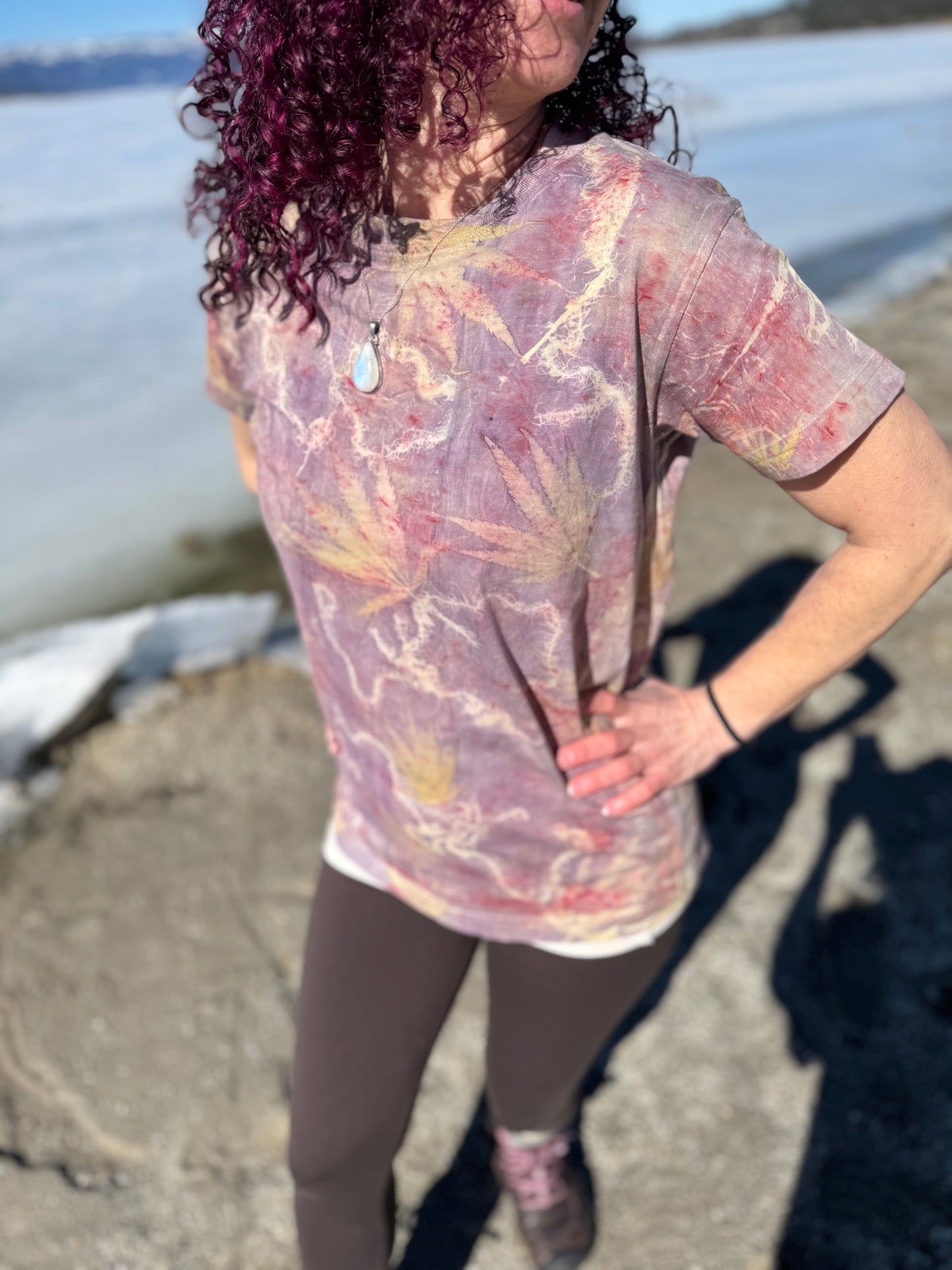 Hemp leaves, Usnea, Logwood,  Sappenwood | Eco-printed | Fair Trade  | Organic T-Shirt. | Unisex |Size Small