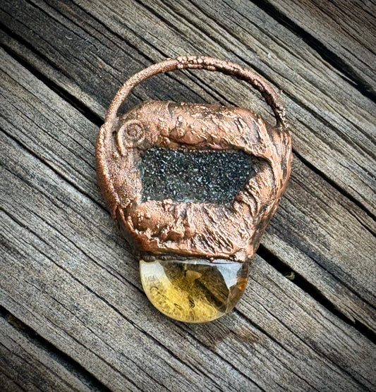 Black Drusy | Citrine | Electroformed Pendant
