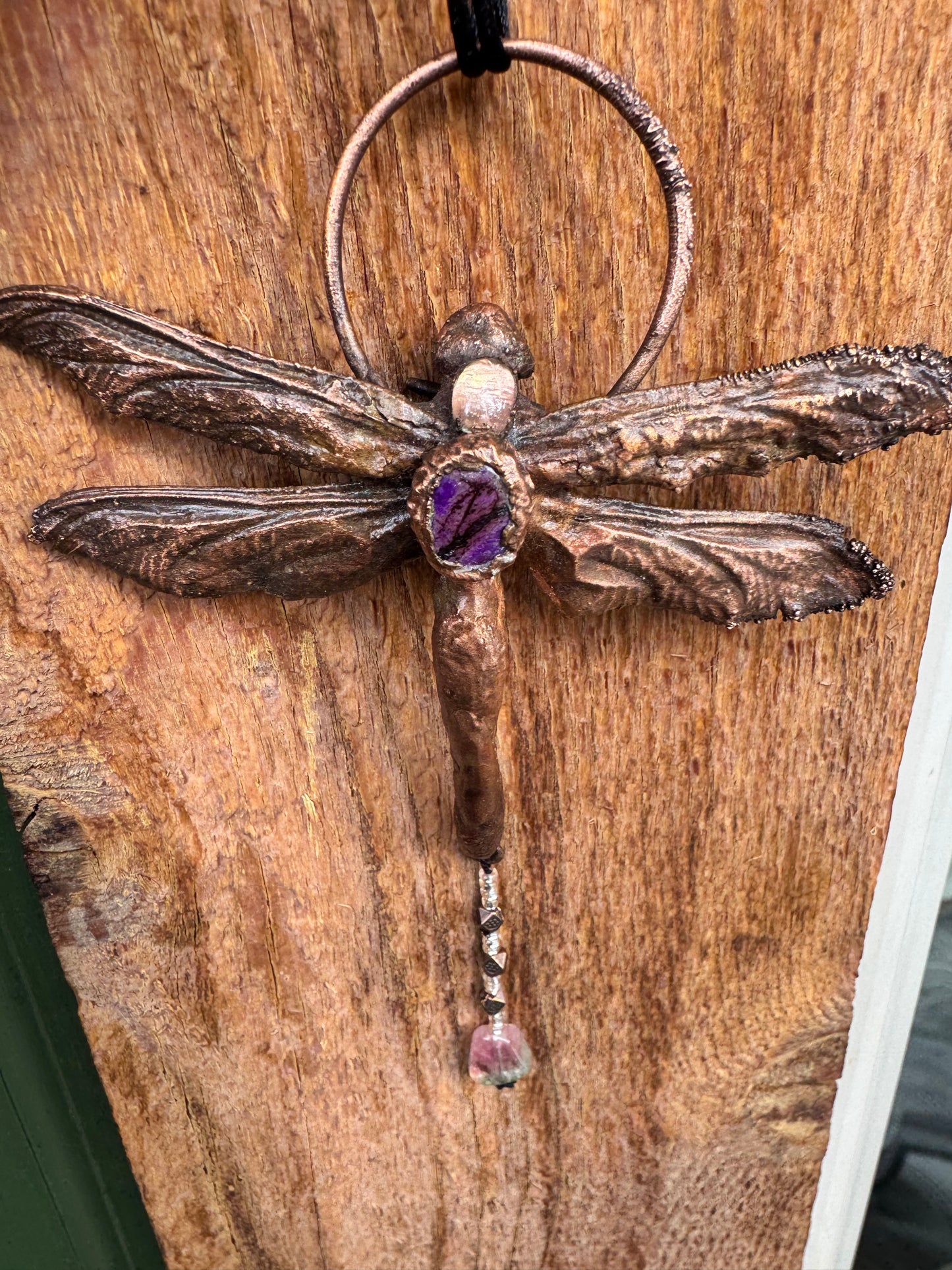 Real Dragonfly | Wall Hanging | Moonstone, Sugilite & Watermelon Tourmaline| Copper Electroformed