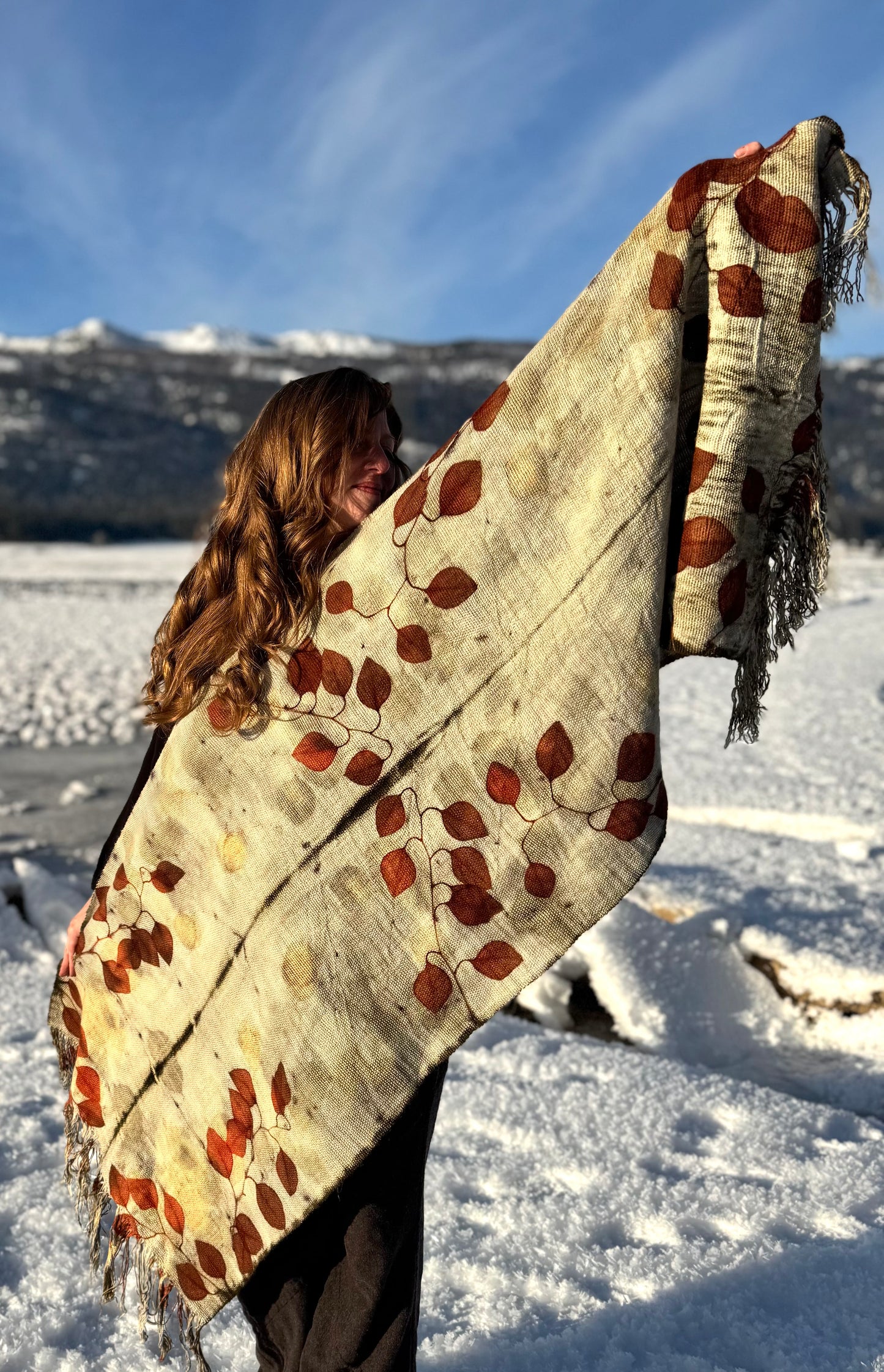 Handwoven Alpaca Shawl – Eucalyptus Eco-Print | Fair Trade Botanical Wrap #1