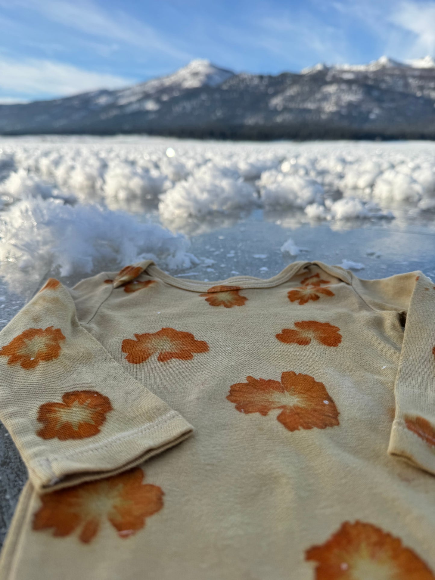 Tango Cosmos Eco-Printed Organic Onesie (6–9 Months)