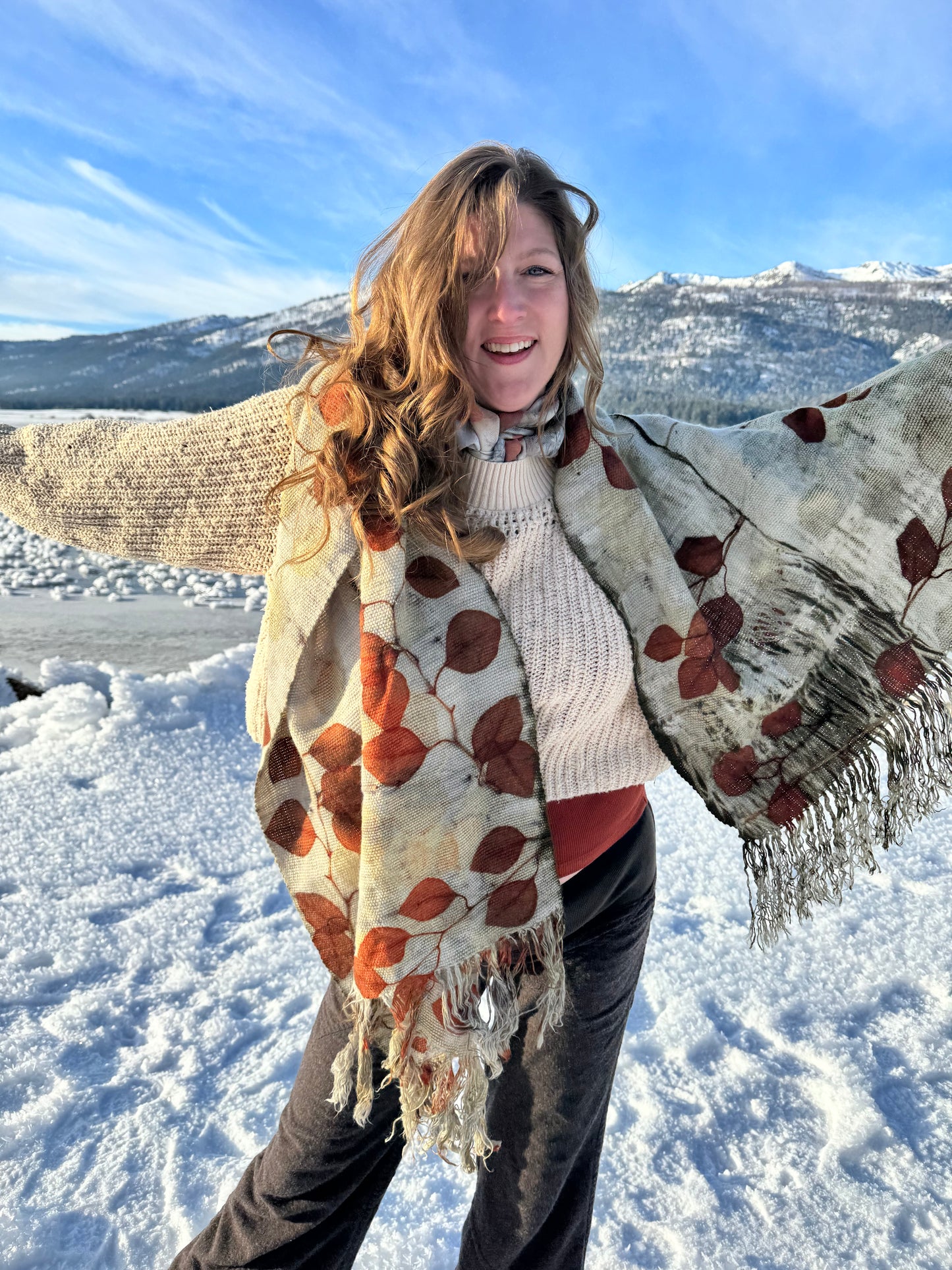 Handwoven Alpaca Shawl – Eucalyptus Eco-Print | Fair Trade Botanical Wrap #1