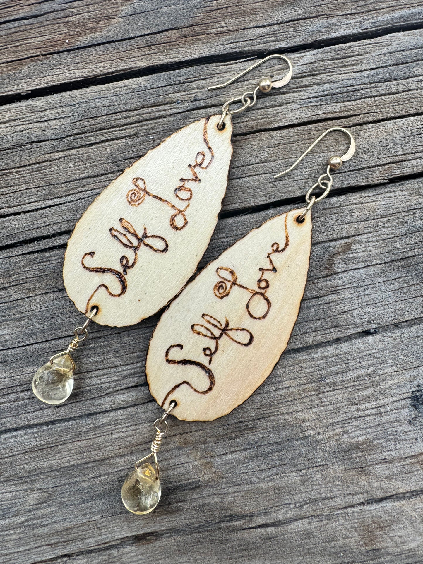 Self Love | Citrine |Wood-Burned Earrings