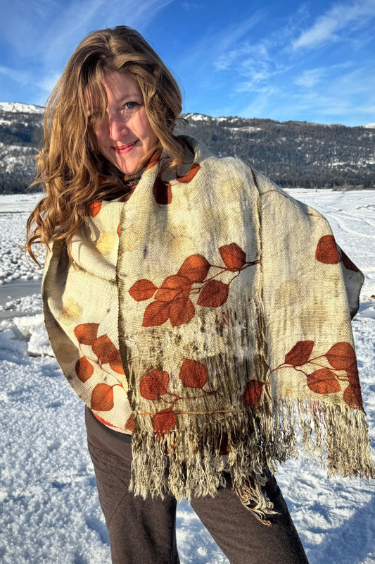 Handwoven Alpaca Shawl – Eucalyptus Eco-Print | Fair Trade Botanical Wrap #1