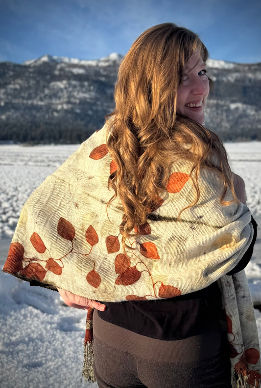 Handwoven Alpaca Shawl – Eucalyptus Eco-Print | Fair Trade Botanical Wrap #1