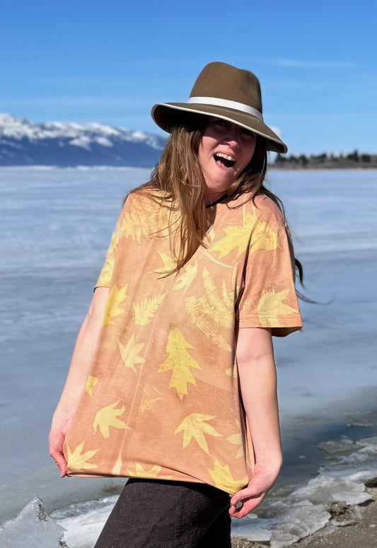 Madder Root , Oak Leaves, Sweet Gum | Eco-Printed  | Organic Cotton | Unisex  | XL T-Shirt | Fair Trade