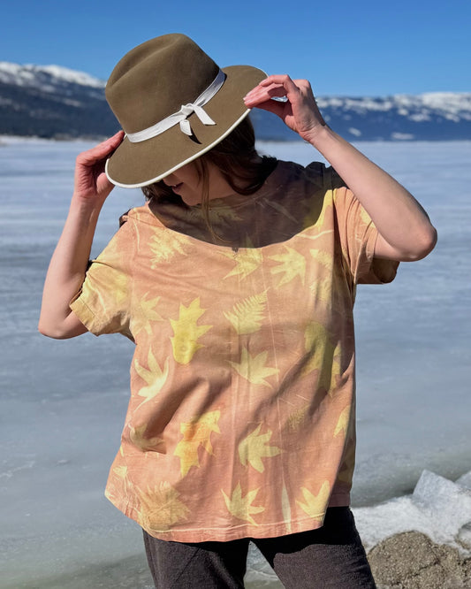 Madder Root , Oak Leaves, Sweet Gum | Eco-Printed  | Organic Cotton | Unisex  | XL T-Shirt | Fair Trade