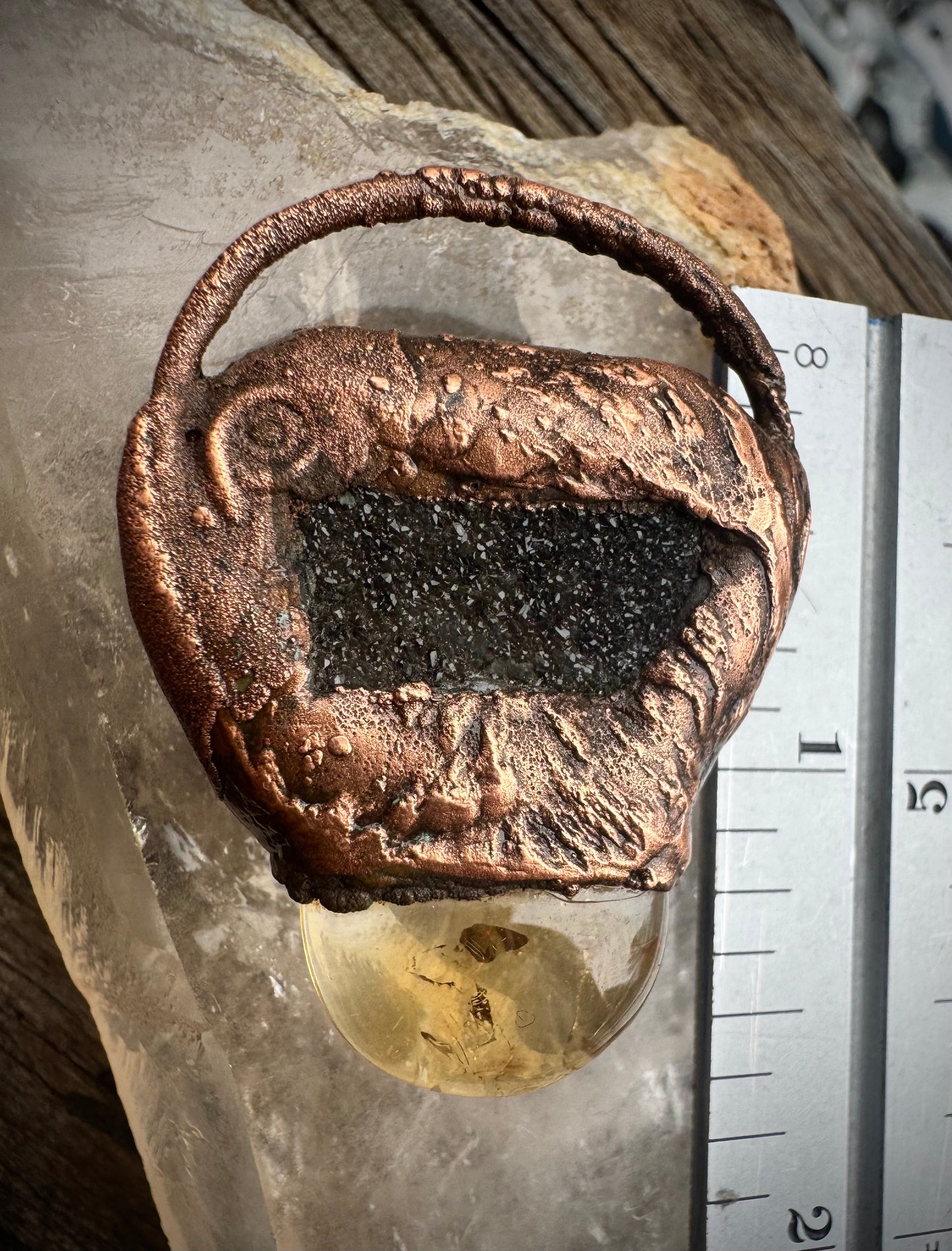 Black Drusy | Citrine | Electroformed Pendant