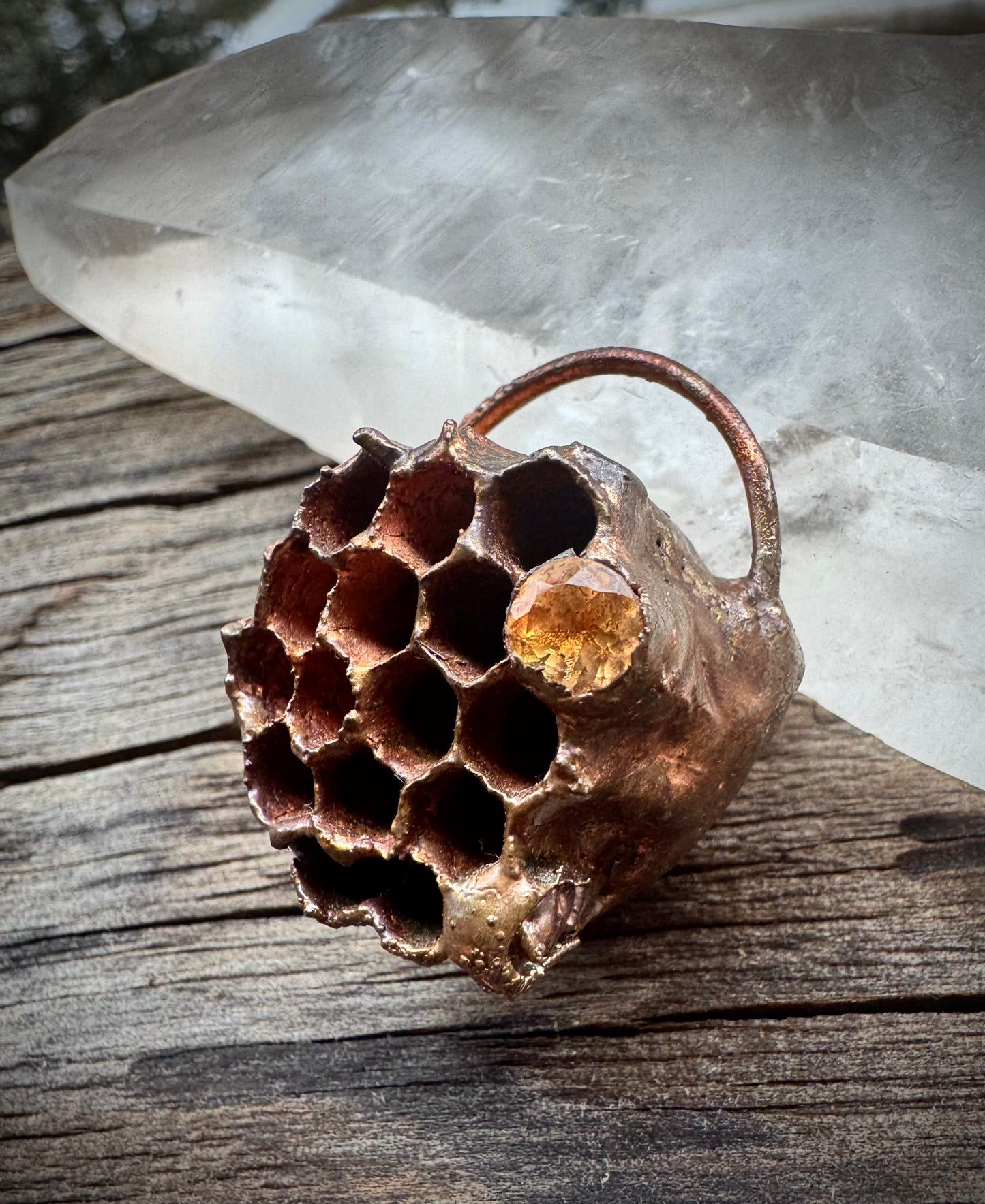 Wasp Nest w/ wasp | Citrine | Electroformed Copper Pendant